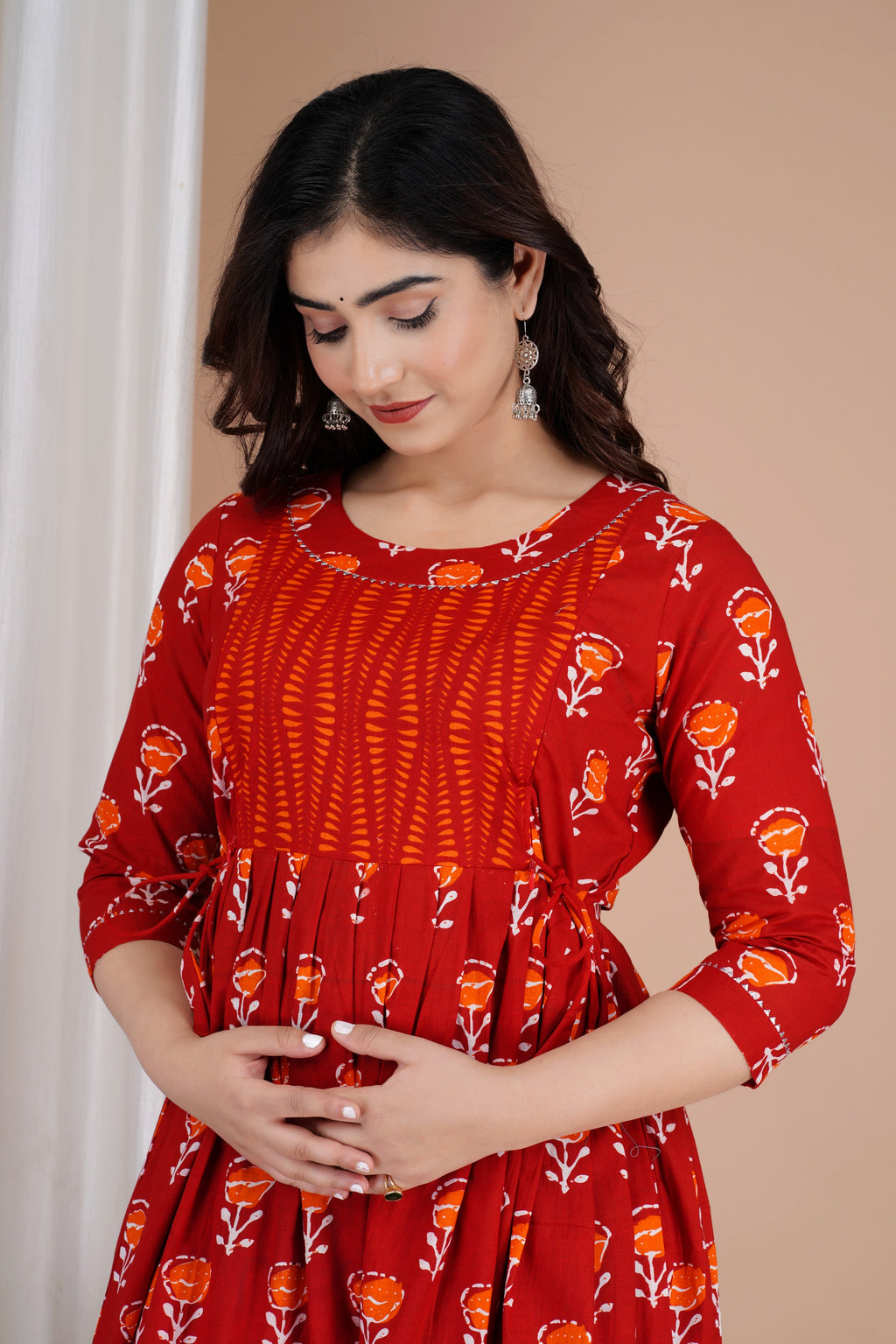 Majestic divas Cotton Red Floral Buti Printed Maternity Feeding Kurta Dress with Contrast Panel & Dual Zippers