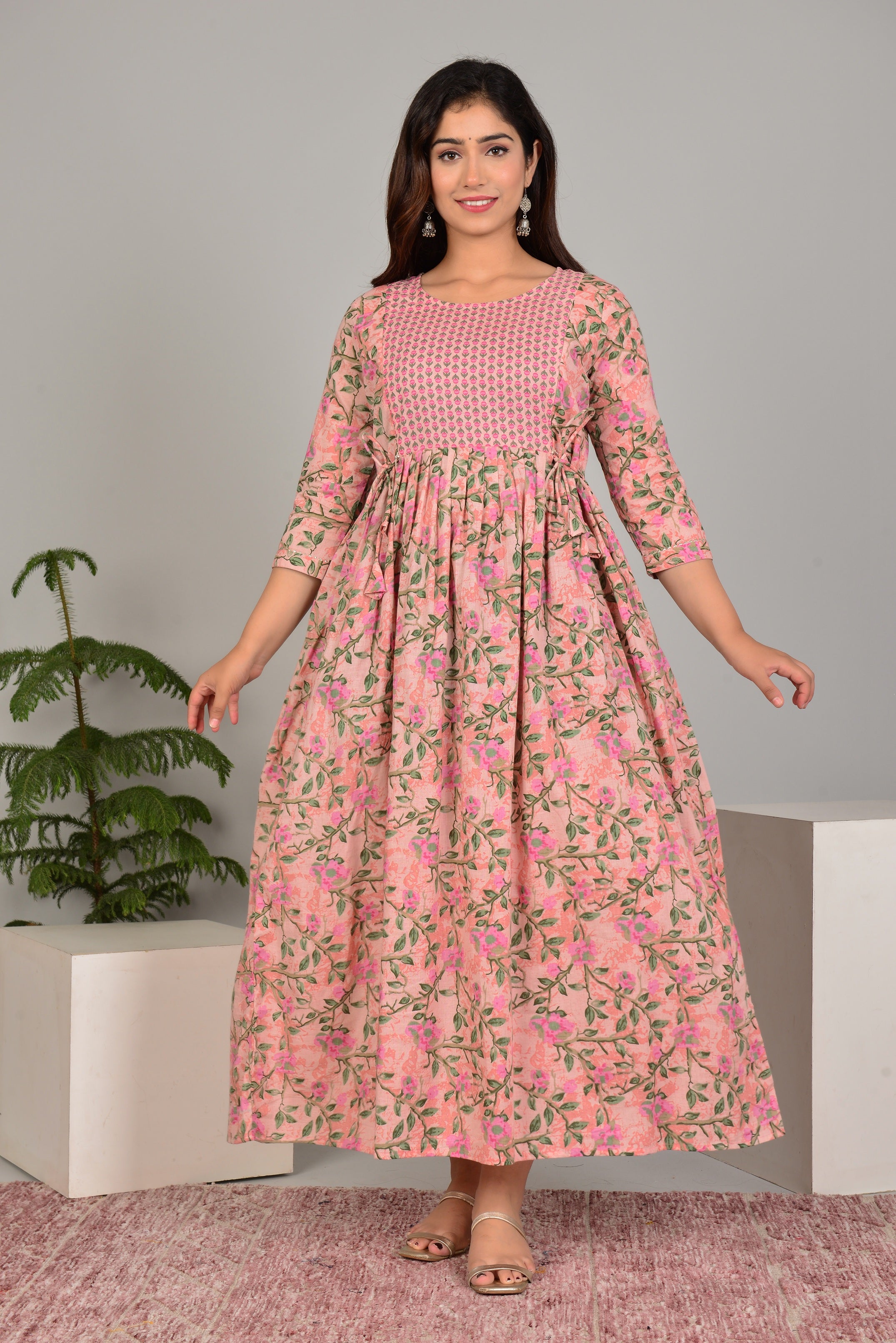 Majestic divas Cotton Peach Floral Vine Printed Maternity Feeding Kurta Dress with Contrast Buti Yoke & Dual Zippers Main image