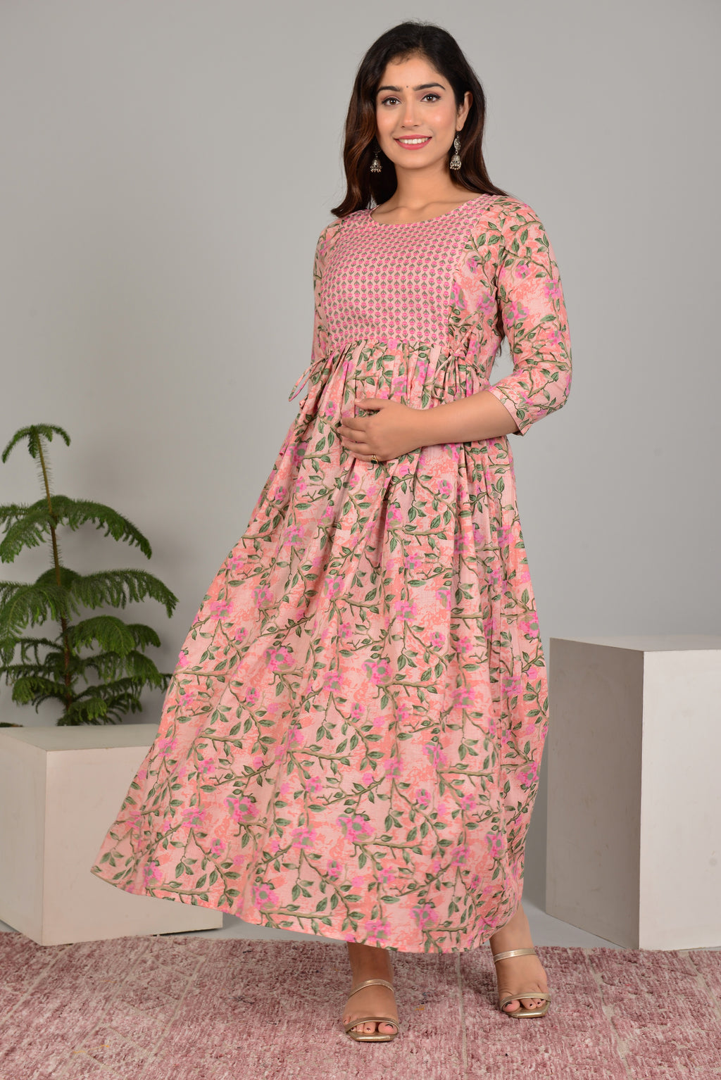 Majestic divas Cotton Peach Floral Vine Printed Maternity Feeding Kurta Dress with Contrast Buti Yoke & Dual Zippers