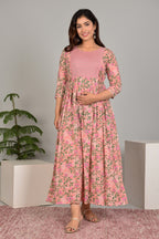 Majestic divas Cotton Peach Floral Vine Printed Maternity Feeding Kurta Dress with Contrast Buti Yoke & Dual Zippers