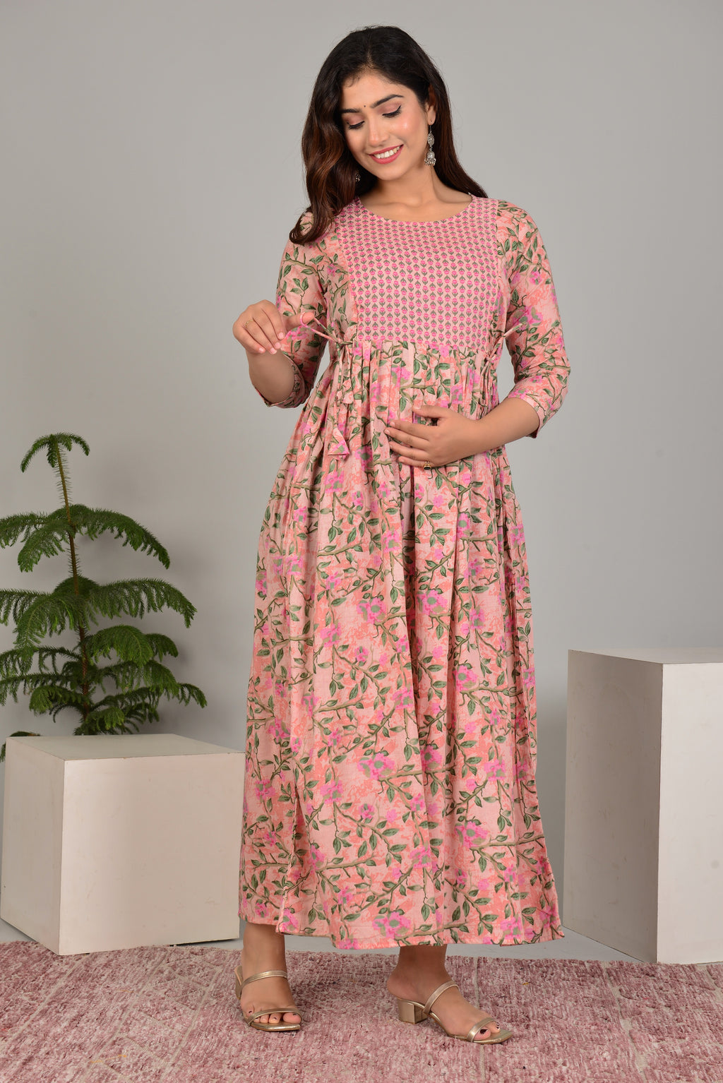 Majestic divas Cotton Peach Floral Vine Printed Maternity Feeding Kurta Dress with Contrast Buti Yoke & Dual Zippers