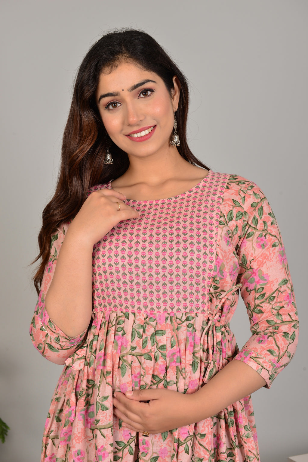 Majestic divas Cotton Peach Floral Vine Printed Maternity Feeding Kurta Dress with Contrast Buti Yoke & Dual Zippers