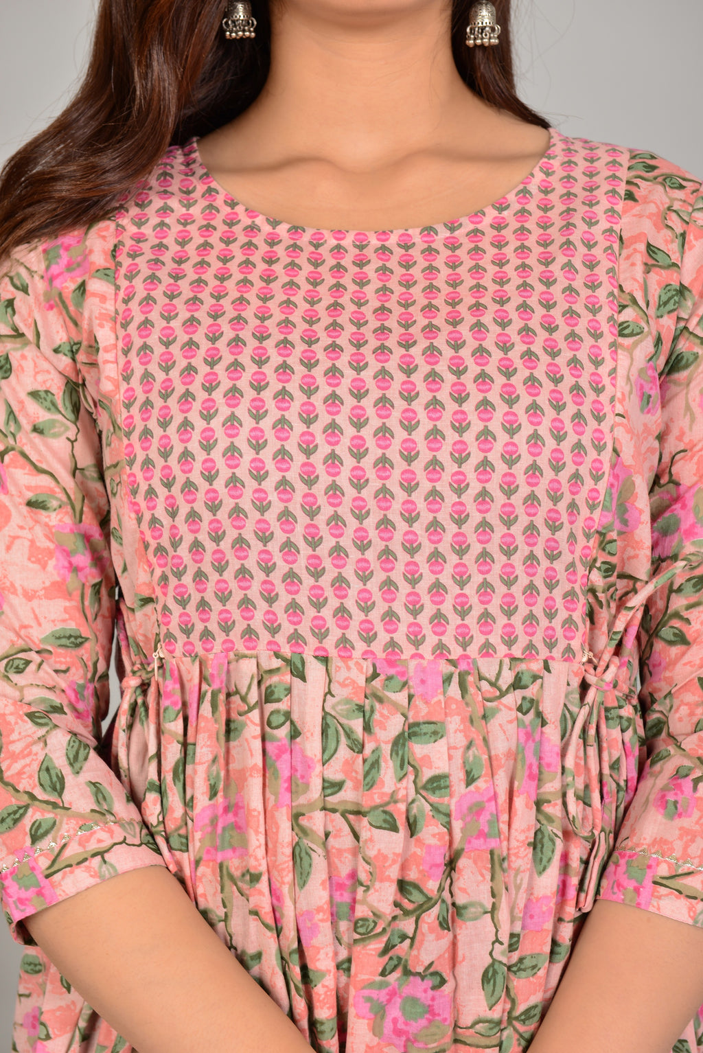 Majestic divas Cotton Peach Floral Vine Printed Maternity Feeding Kurta Dress with Contrast Buti Yoke & Dual Zippers