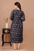 Majestic divas Cotton Black Floral Buta Printed Maternity Feeding Kurta Dress with Dual Zippers