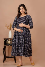 Majestic divas Cotton Black Floral Buta Printed Maternity Feeding Kurta Dress with Dual Zippers