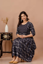 Majestic divas Cotton Black Floral Buta Printed Maternity Feeding Kurta Dress with Dual Zippers