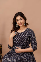 Majestic divas Cotton Black Floral Buta Printed Maternity Feeding Kurta Dress with Dual Zippers