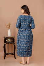 Majestic divas Cotton Blue Floral Buta Printed Maternity Feeding Kurta Dress with Dual Zippers