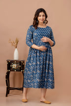 Majestic divas Cotton Blue Floral Buta Printed Maternity Feeding Kurta Dress with Dual Zippers