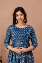 Majestic divas Cotton Blue Floral Buta Printed Maternity Feeding Kurta Dress with Dual Zippers