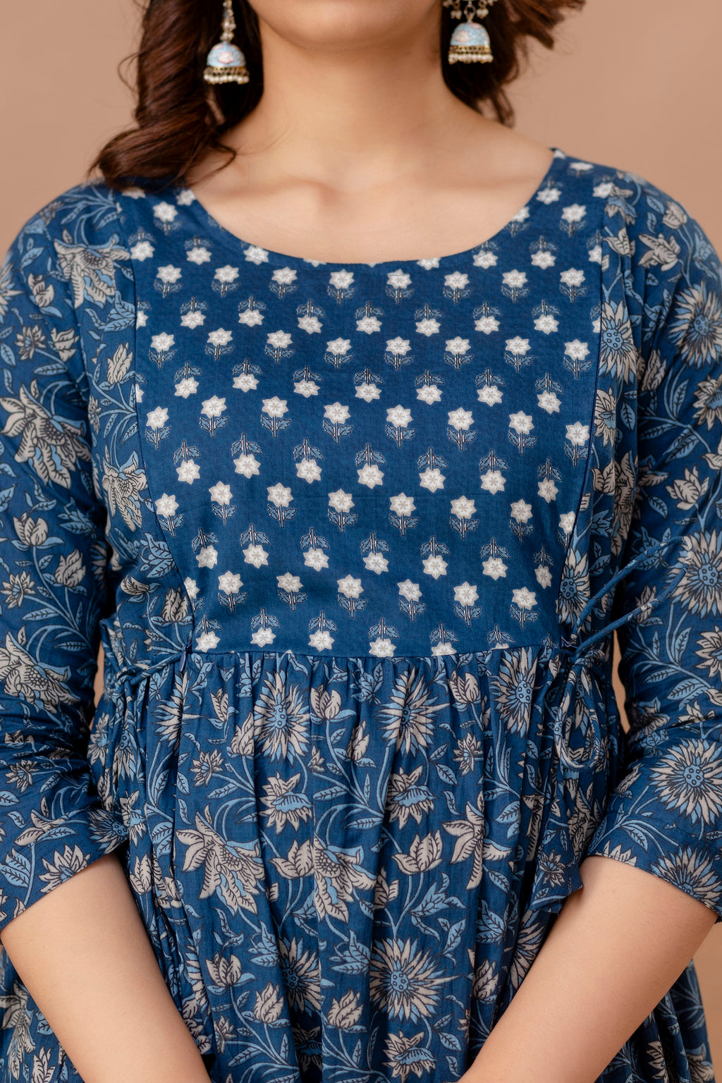 Majestic divas Cotton Blue Floral Buta Printed Maternity Feeding Kurta Dress with Dual Zippers