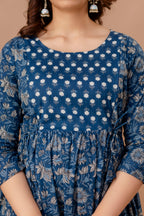 Majestic divas Cotton Blue Floral Buta Printed Maternity Feeding Kurta Dress with Dual Zippers