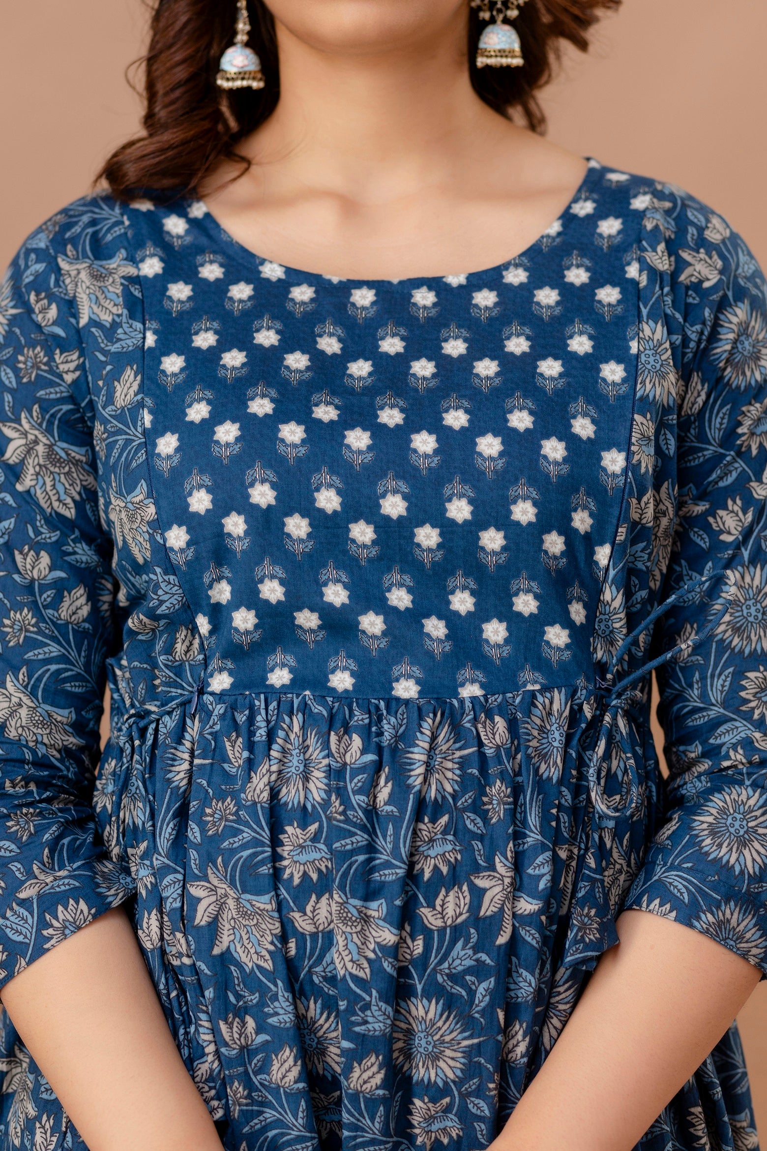 Majestic divas Cotton Blue Floral Buta Printed Maternity Feeding Kurta Dress with Dual Zippers