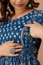 Majestic divas Cotton Blue Floral Buta Printed Maternity Feeding Kurta Dress with Dual Zippers