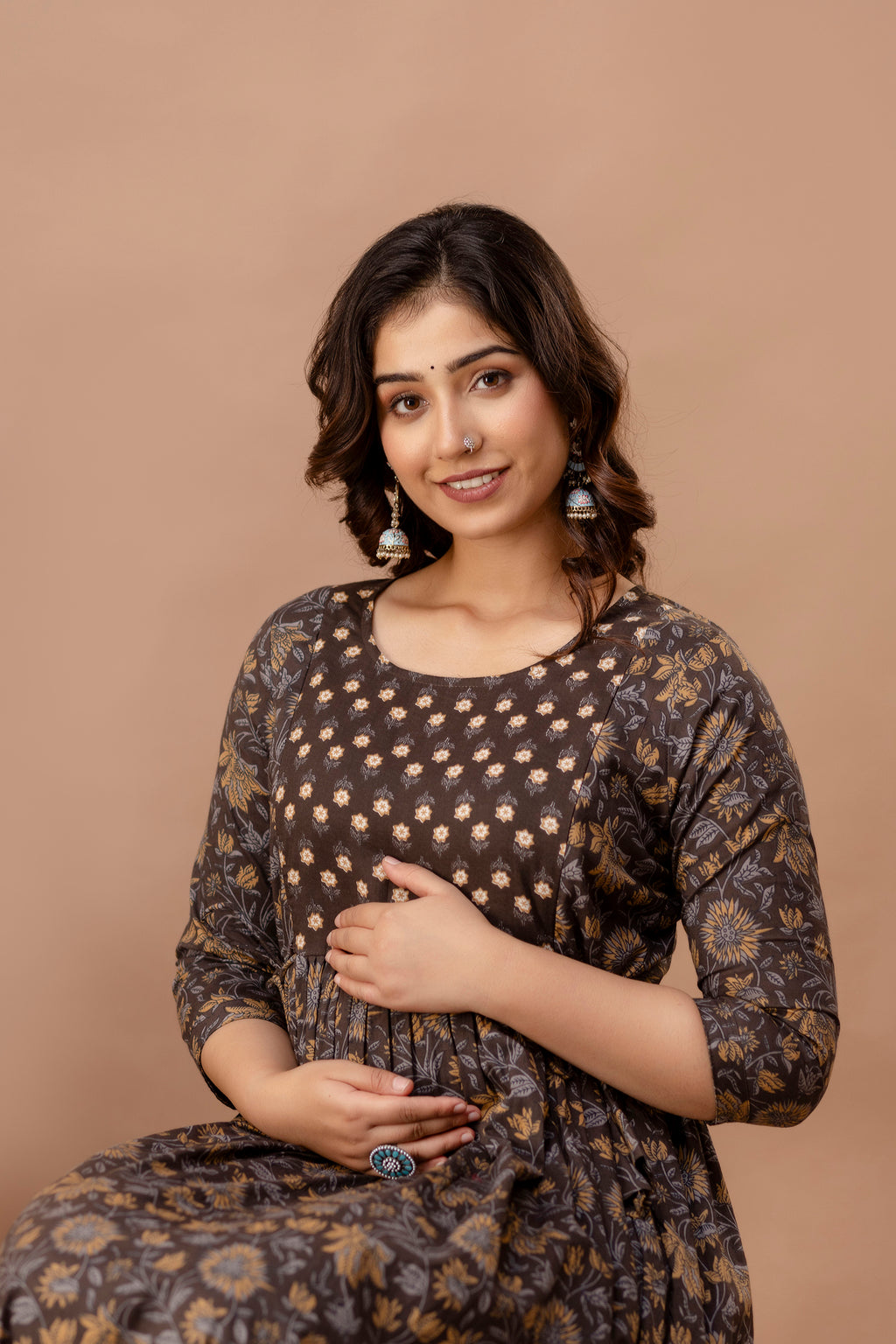 Majestic divas Cotton Brown Floral Buta Printed Maternity Feeding Kurta Dress with Dual Zippers