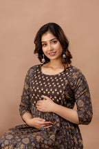 Majestic divas Cotton Brown Floral Buta Printed Maternity Feeding Kurta Dress with Dual Zippers