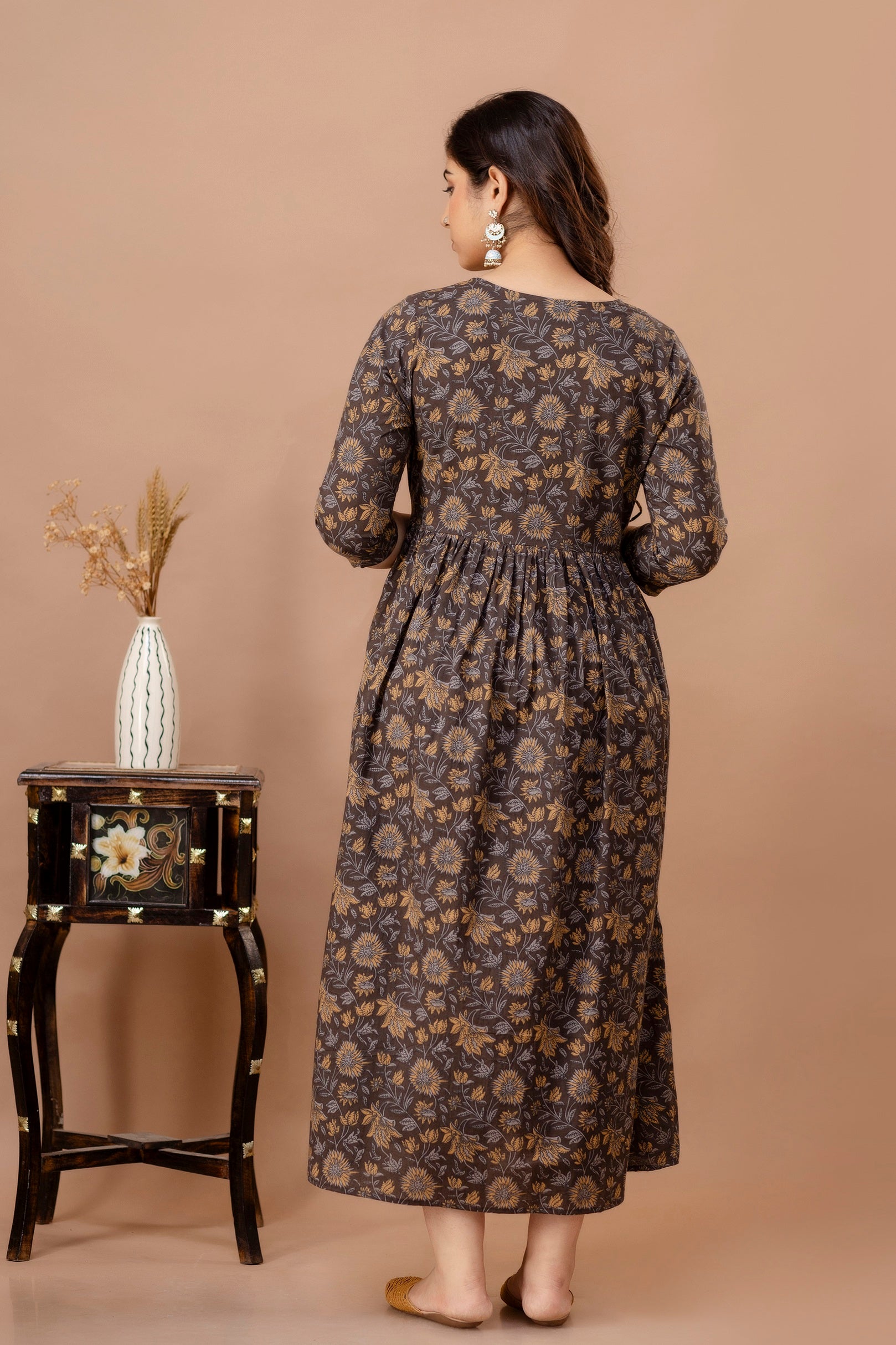 Majestic divas Cotton Brown Floral Buta Printed Maternity Feeding Kurta Dress with Dual Zippers Secondary image