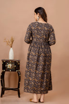 Majestic divas Cotton Brown Floral Buta Printed Maternity Feeding Kurta Dress with Dual Zippers