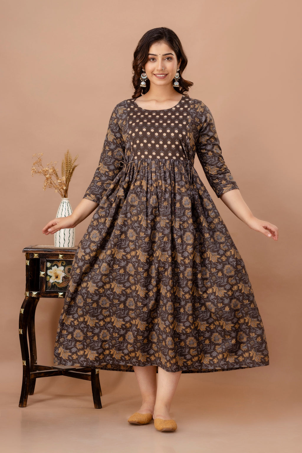 Majestic divas Cotton Brown Floral Buta Printed Maternity Feeding Kurta Dress with Dual Zippers