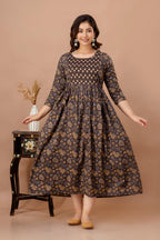 Majestic divas Cotton Brown Floral Buta Printed Maternity Feeding Kurta Dress with Dual Zippers