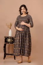 Majestic divas Cotton Brown Floral Buta Printed Maternity Feeding Kurta Dress with Dual Zippers