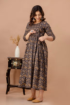 Majestic divas Cotton Brown Floral Buta Printed Maternity Feeding Kurta Dress with Dual Zippers