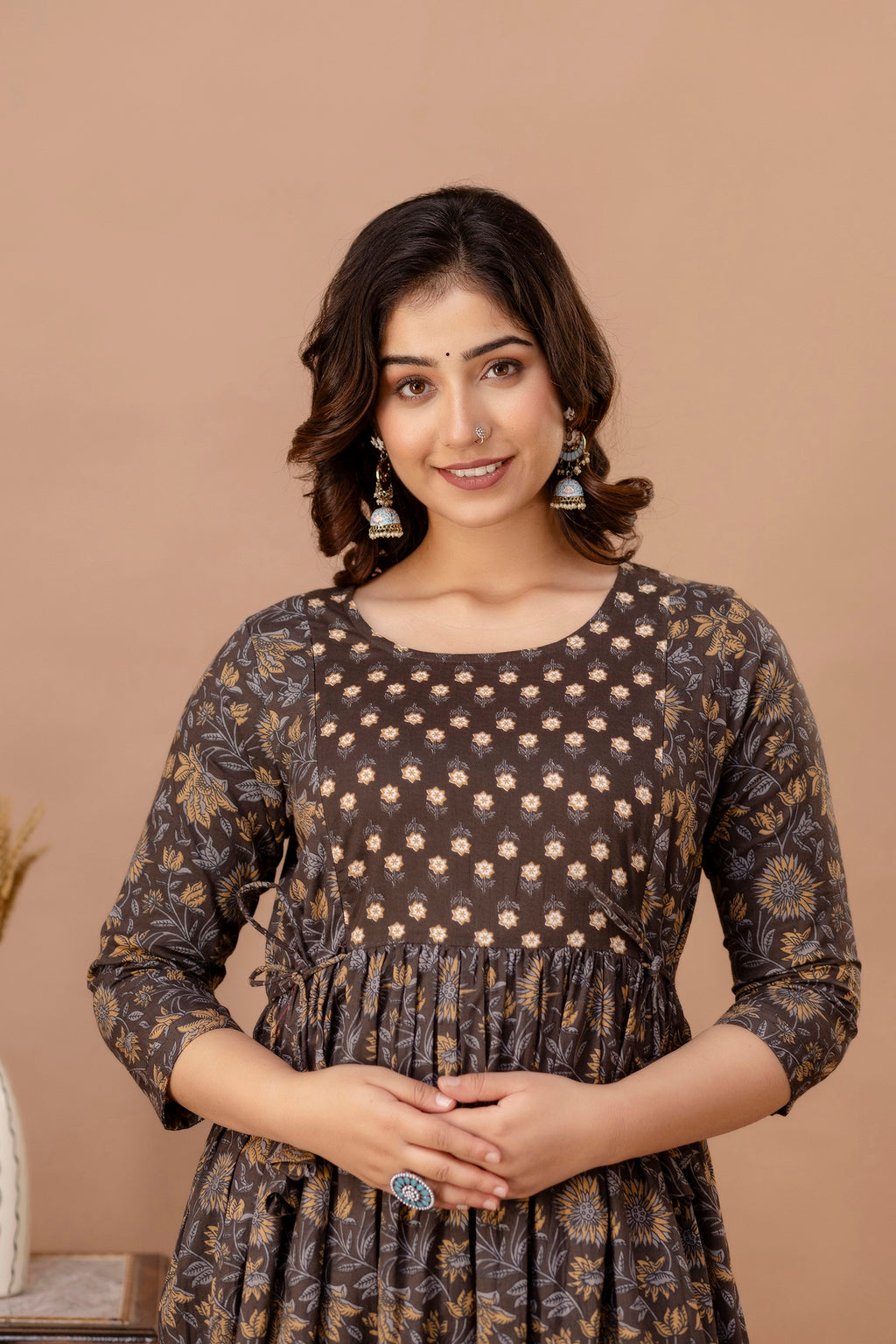 Majestic divas Cotton Brown Floral Buta Printed Maternity Feeding Kurta Dress with Dual Zippers