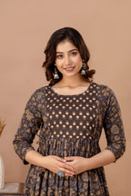 Majestic divas Cotton Brown Floral Buta Printed Maternity Feeding Kurta Dress with Dual Zippers