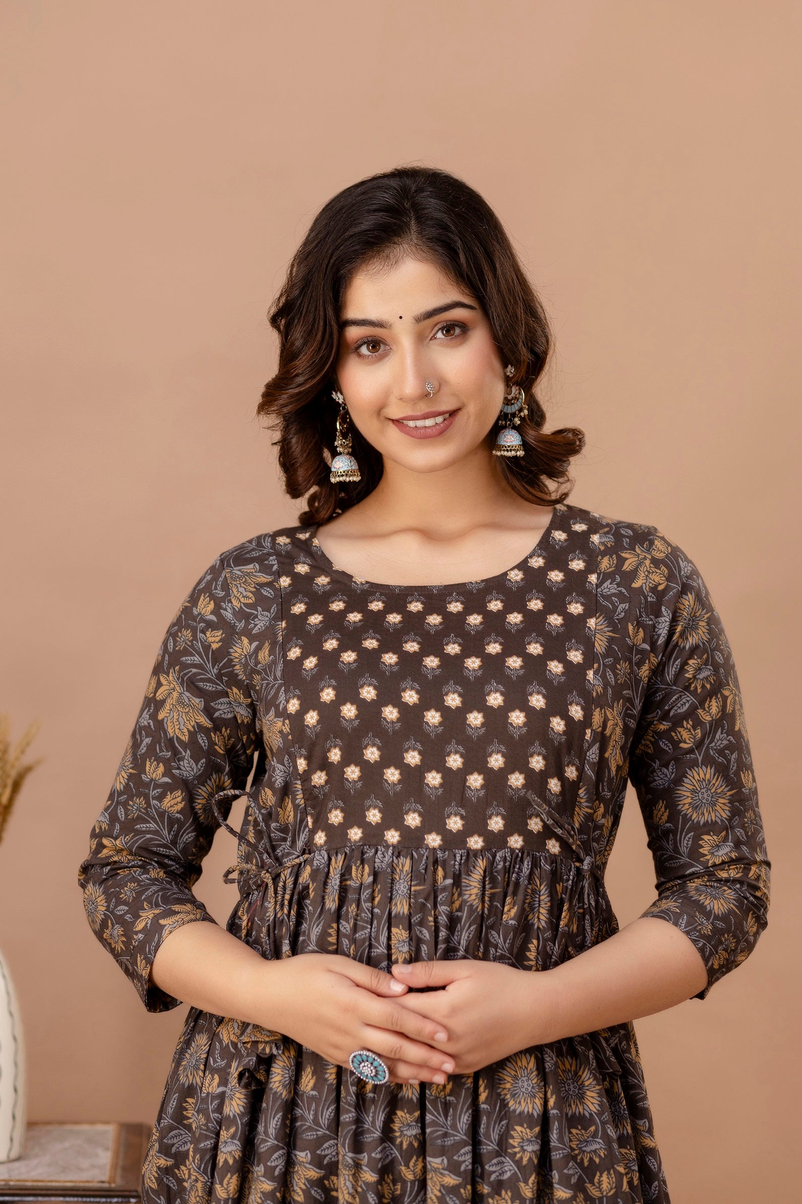 Majestic divas Cotton Brown Floral Buta Printed Maternity Feeding Kurta Dress with Dual Zippers