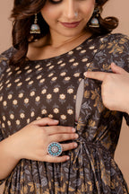 Majestic divas Cotton Brown Floral Buta Printed Maternity Feeding Kurta Dress with Dual Zippers