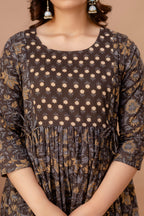 Majestic divas Cotton Brown Floral Buta Printed Maternity Feeding Kurta Dress with Dual Zippers