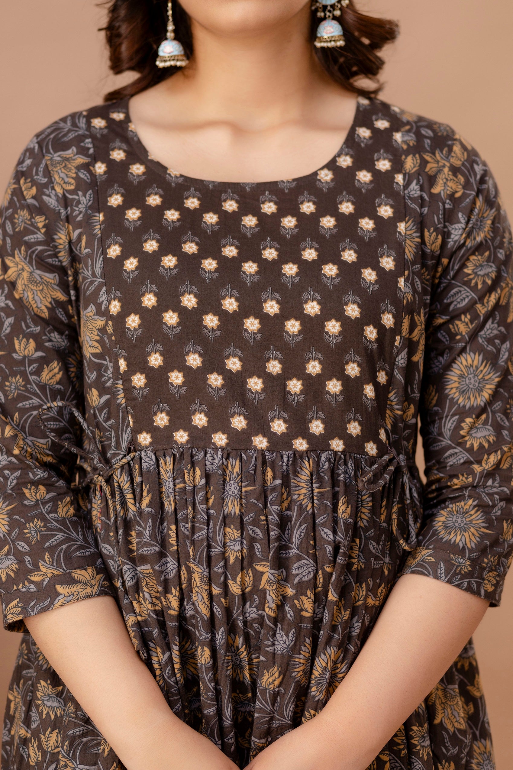Majestic divas Cotton Brown Floral Buta Printed Maternity Feeding Kurta Dress with Dual Zippers