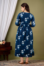 Majestic divas Cotton Navy Blue Daisy Floral Printed Maternity Feeding Kurta Dress with Dual Zippers