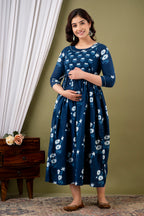 Majestic divas Cotton Navy Blue Daisy Floral Printed Maternity Feeding Kurta Dress with Dual Zippers