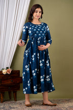 Majestic divas Cotton Navy Blue Daisy Floral Printed Maternity Feeding Kurta Dress with Dual Zippers