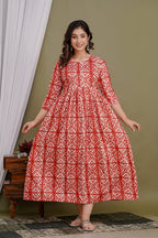 Majestic divas Cotton Red Abstract Geometric Printed Maternity Feeding Kurta Dress with Dual Zippers