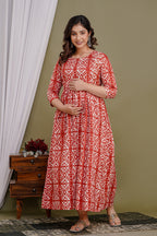 Majestic divas Cotton Red Abstract Geometric Printed Maternity Feeding Kurta Dress with Dual Zippers