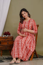 Majestic divas Cotton Red Abstract Geometric Printed Maternity Feeding Kurta Dress with Dual Zippers