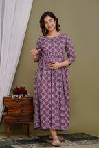Majestic divas Cotton Mauve Ethnic Floral Printed Maternity Feeding Kurta Dress with Dual Zippers