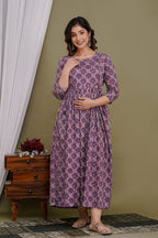 Majestic divas Cotton Mauve Ethnic Floral Printed Maternity Feeding Kurta Dress with Dual Zippers