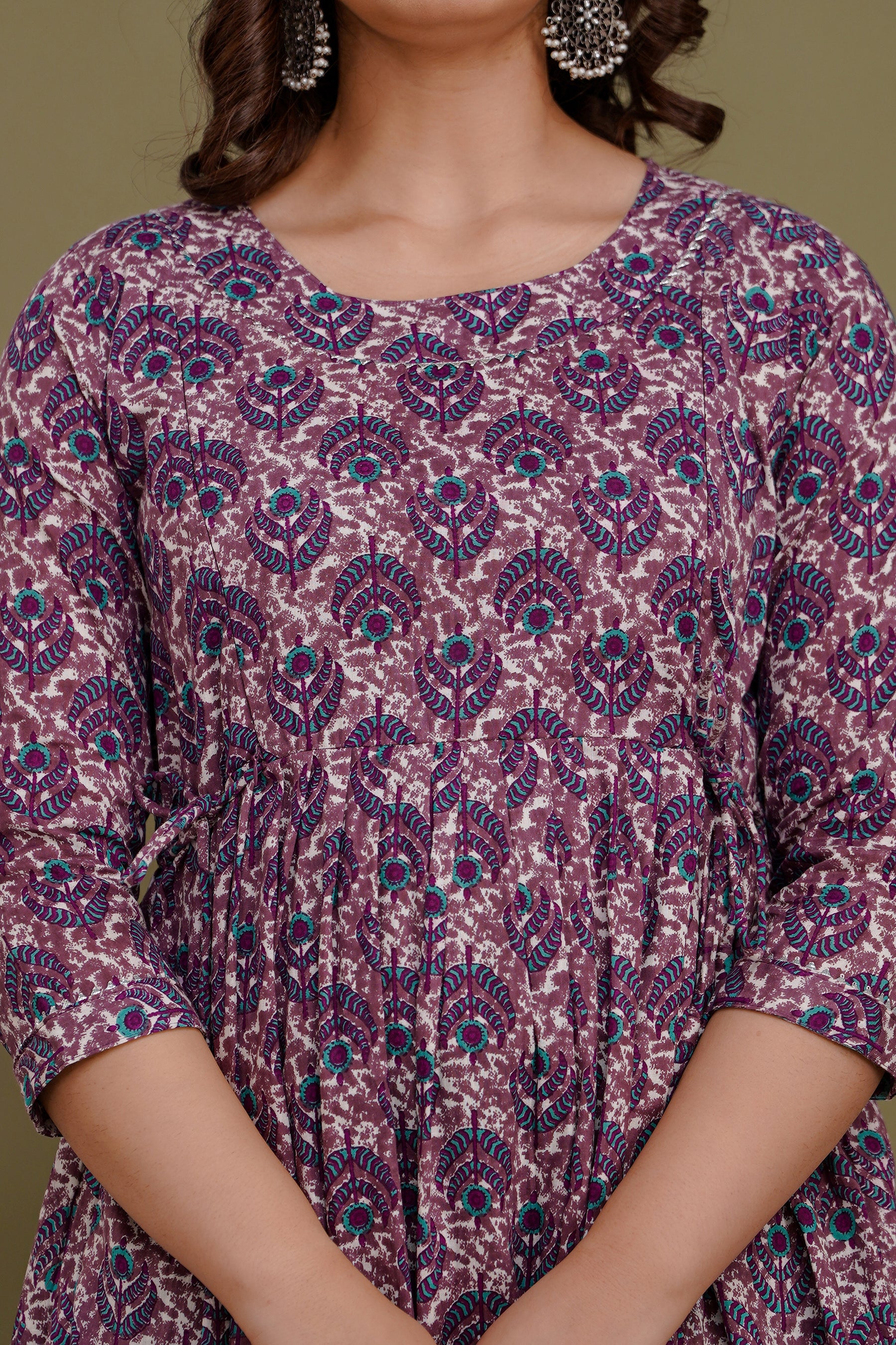 Majestic divas Cotton Mauve Ethnic Floral Printed Maternity Feeding Kurta Dress with Dual Zippers