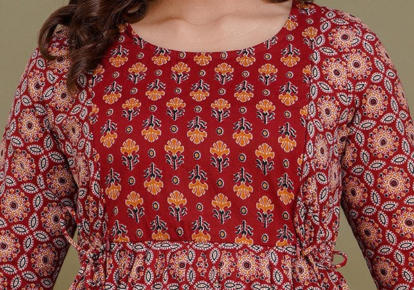 Majestic divas Cotton Rust Red Geometric Floral Printed Maternity Feeding Kurta Dress with Dual Zippers