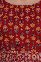 Majestic divas Cotton Rust Red Geometric Floral Printed Maternity Feeding Kurta Dress with Dual Zippers