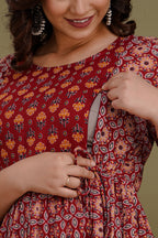 Majestic divas Cotton Rust Red Geometric Floral Printed Maternity Feeding Kurta Dress with Dual Zippers