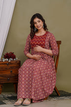 Majestic divas Cotton Rust Red Geometric Floral Printed Maternity Feeding Kurta Dress with Dual Zippers