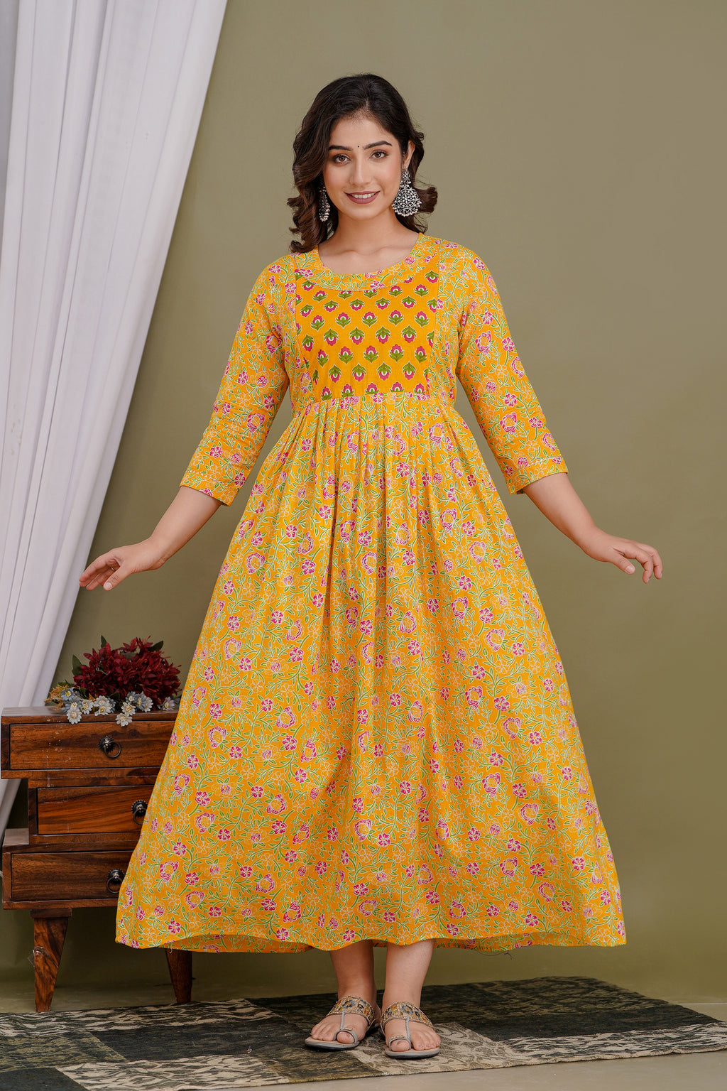 Majestic divas Cotton Mustard Yellow Pink Floral & Buti Printed Maternity Feeding Kurta Dress with Dual Zippers