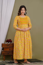 Majestic divas Cotton Mustard Yellow Pink Floral & Buti Printed Maternity Feeding Kurta Dress with Dual Zippers