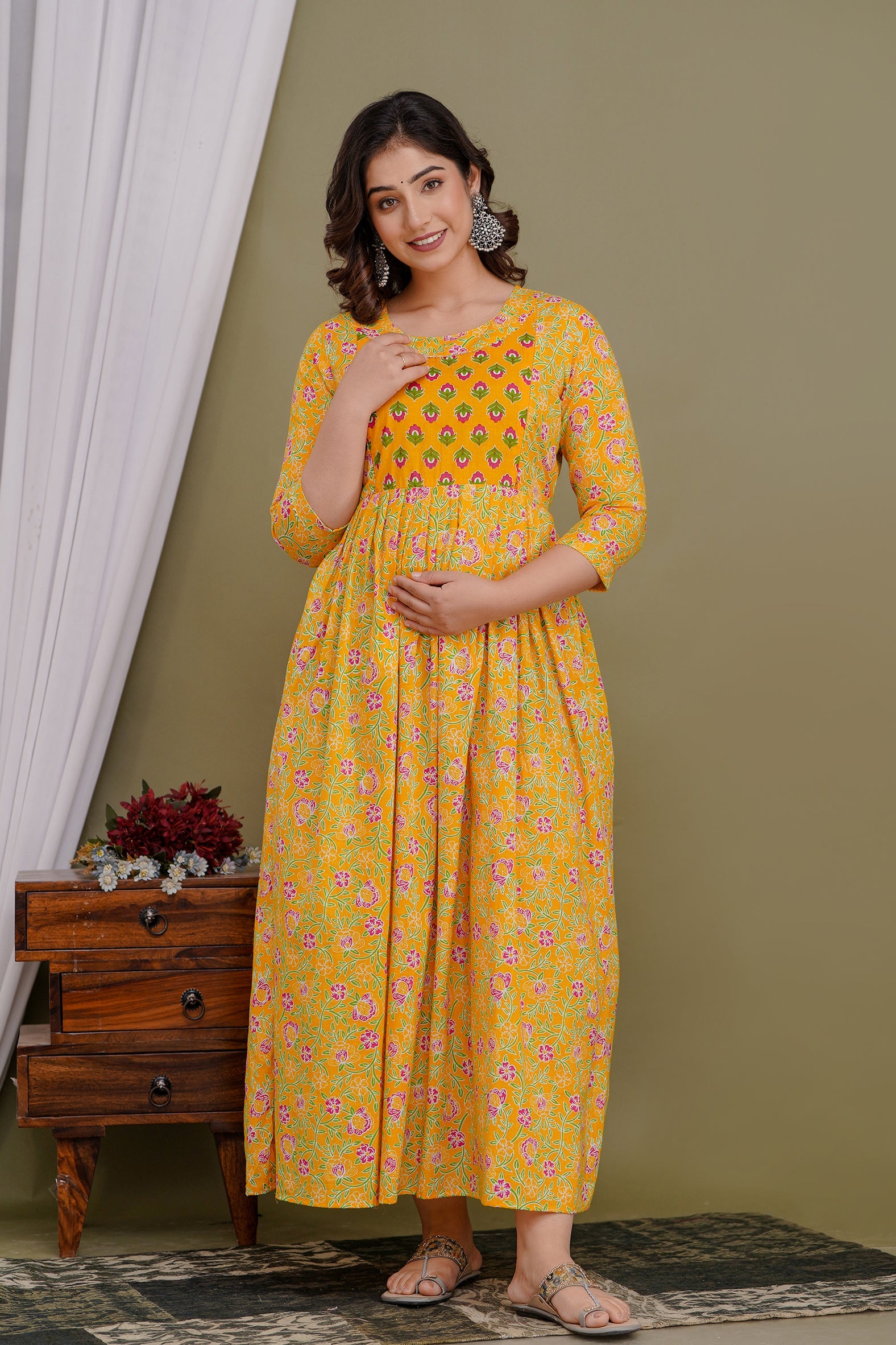 Majestic divas Cotton Mustard Yellow Pink Floral & Buti Printed Maternity Feeding Kurta Dress with Dual Zippers Main image