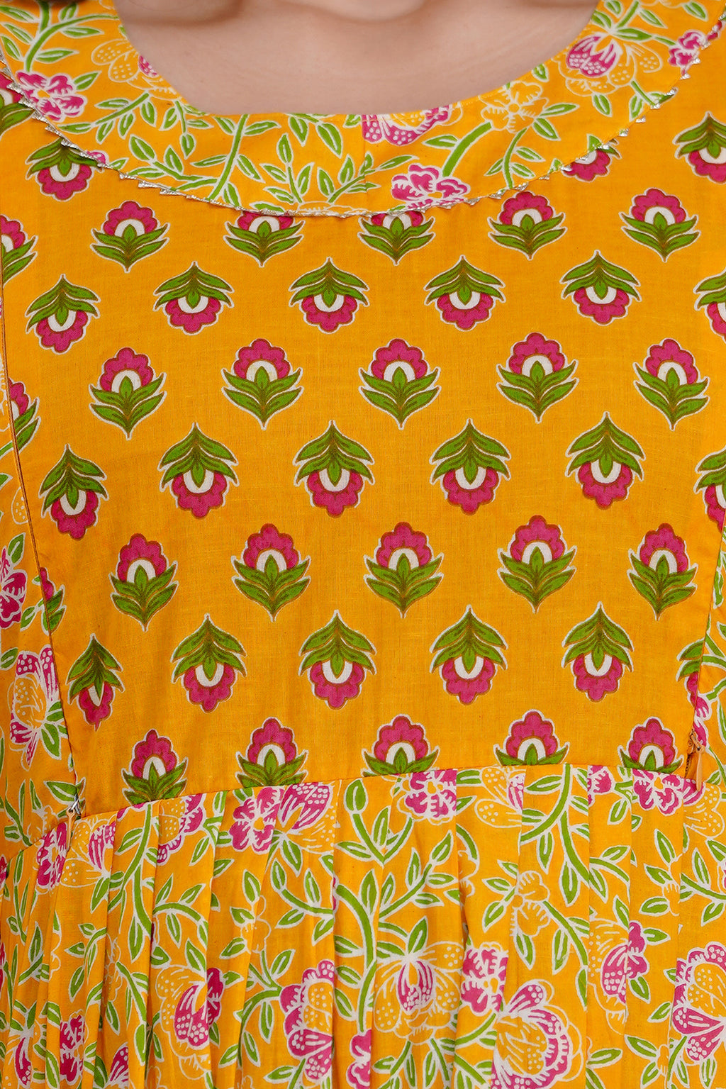 Majestic divas Cotton Mustard Yellow Pink Floral & Buti Printed Maternity Feeding Kurta Dress with Dual Zippers