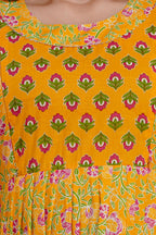 Majestic divas Cotton Mustard Yellow Pink Floral & Buti Printed Maternity Feeding Kurta Dress with Dual Zippers